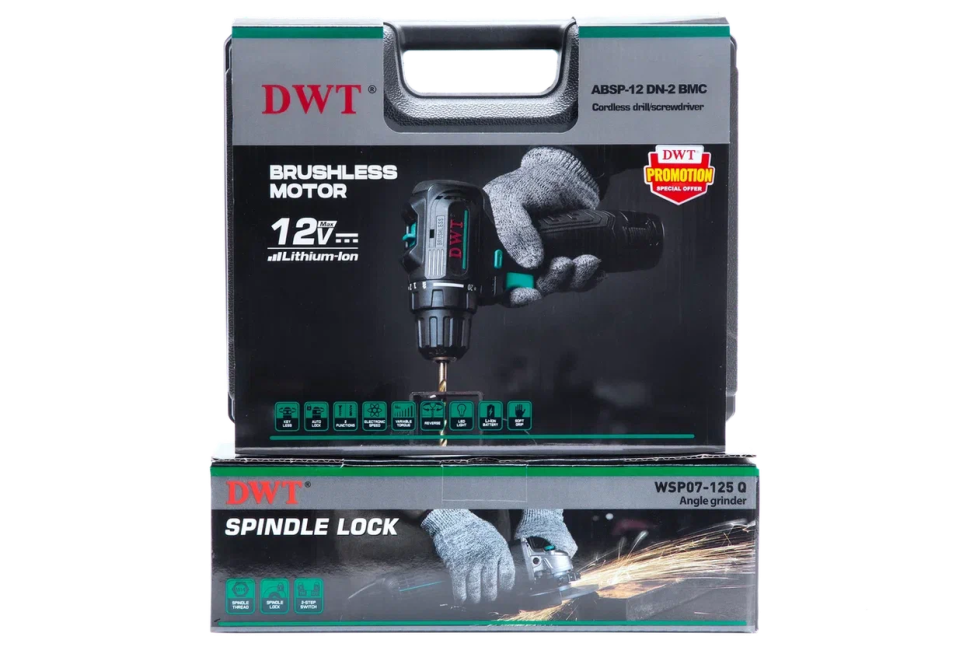 Набор электроинструментов SET-1-DWT - Бесщеточная аккумуляторная дрель-шуруповерт ABSP-12 DN-2 BMC + Угловая шлифовальная машина WSP07-125 Q