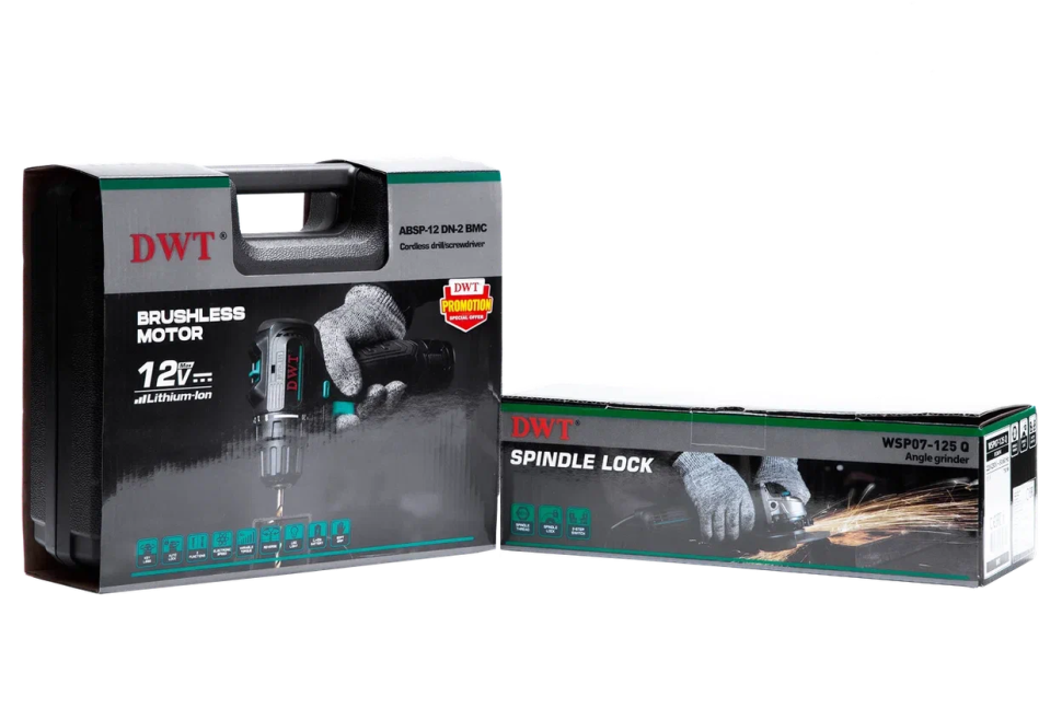 Набор электроинструментов SET-1-DWT - Бесщеточная аккумуляторная дрель-шуруповерт ABSP-12 DN-2 BMC + Угловая шлифовальная машина WSP07-125 Q